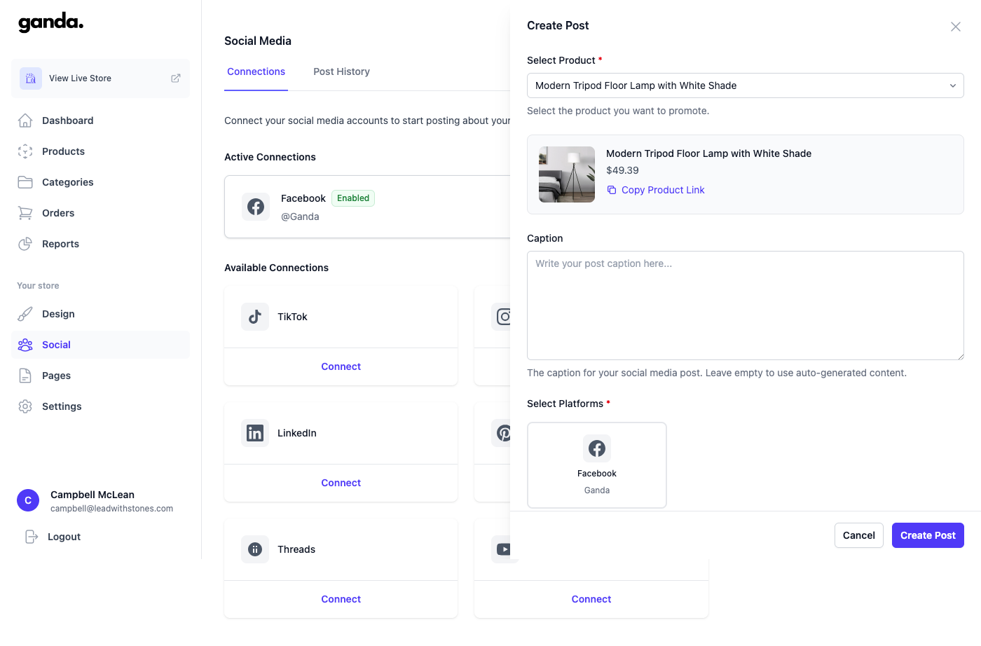 Ganda social media management dashboard